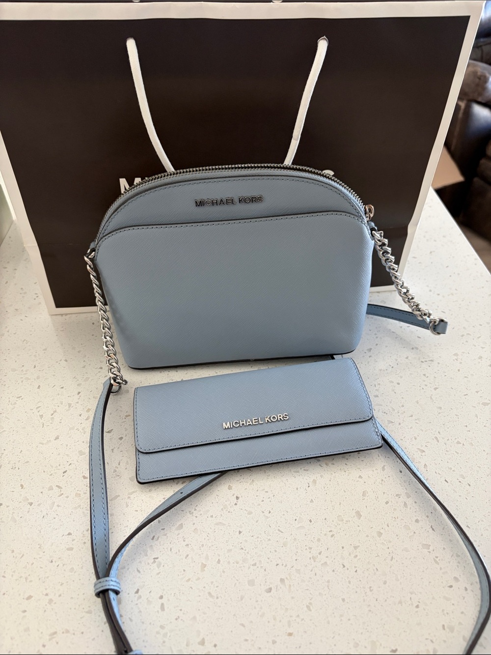 Michael Kors Light Blue Saffiano Leather Crossbody with Matching Wallet